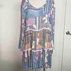 Velzera Blue Paisley Print Lace Bell Sleeve Boho Mini Women's Dress Size S NWT